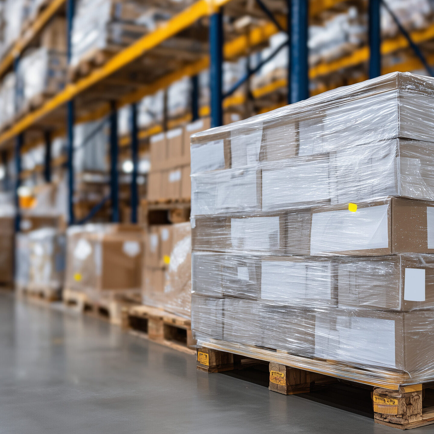 Shrink-wrapped pallet loaded with mixed food boxes, plastic wrap tightly bound, background showing warehouse aisles and towering shelves