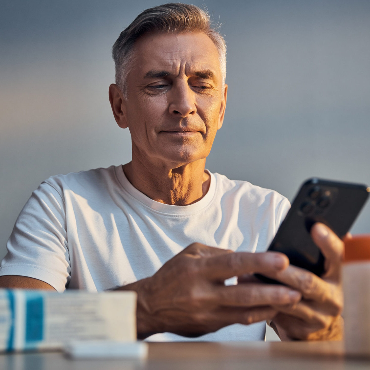 Older adult scanning medication QR code with smartphone, sitting at table with medicine bottles and boxes, clean neutral background, focused expression